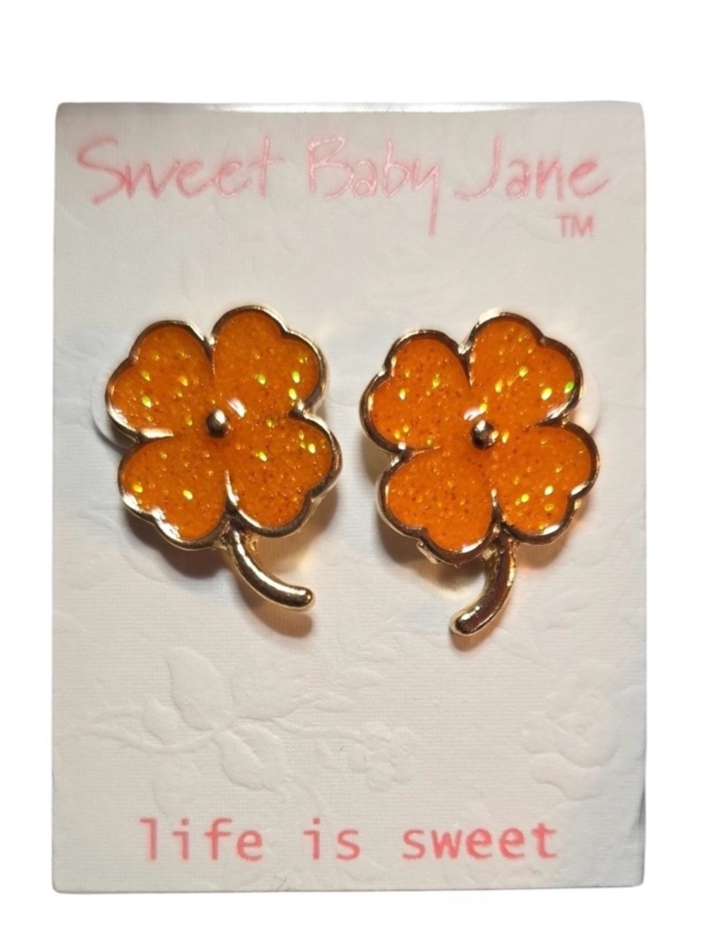 Sweet Baby Jane Gold-Trim Orange Glitter Flower Stud Earrings Nzwzt